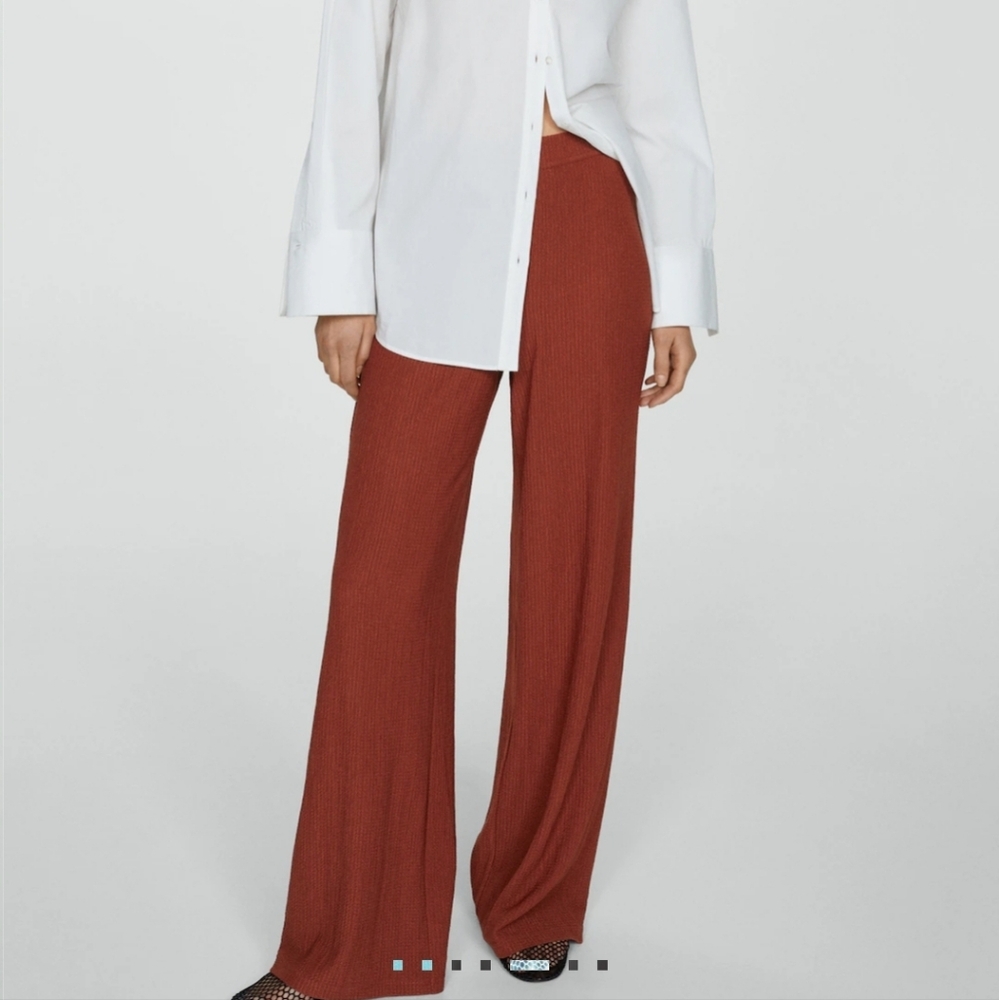 Mango Burnt Orange Textured Wideleg Trousers